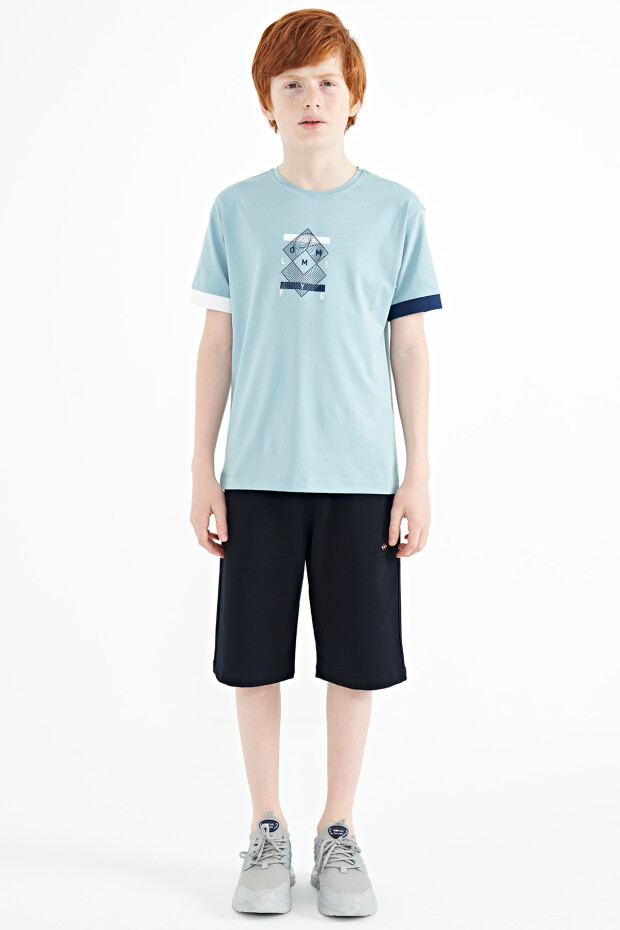 Açık Mavi Kol Ucu Renkli Detaylı Baskılı Oversize Erkek Çocuk T-Shirt - 11137