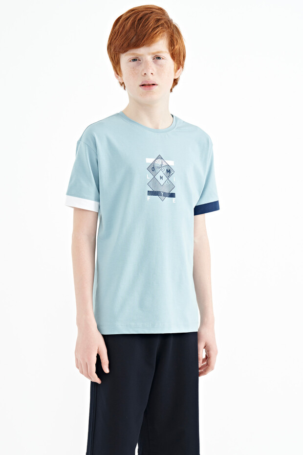 Açık Mavi Kol Ucu Renkli Detaylı Baskılı Oversize Erkek Çocuk T-Shirt - 11137