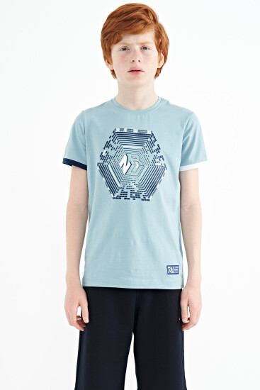 Açık Mavi Kol Ucu Renkli Detaylı Baskılı Standart Kalıp Erkek Çocuk T-Shirt - 11156 