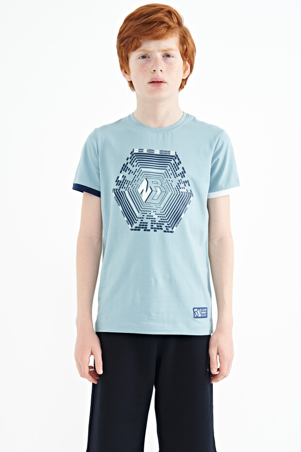 Açık Mavi Kol Ucu Renkli Detaylı Baskılı Standart Kalıp Erkek Çocuk T-Shirt - 11156