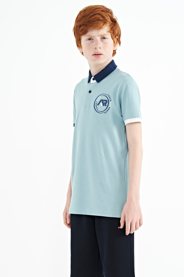 Açık Mavi Kol Ucu Renkli Logo Nakışlı Standart Kalıp Polo Yaka Erkek Çocuk T-Shirt - 11138