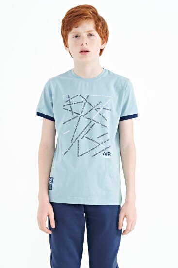 Açık Mavi Minimal Yazı Baskılı Standart Kalıp O Yaka Erkek Çocuk T-Shirt - 11132 