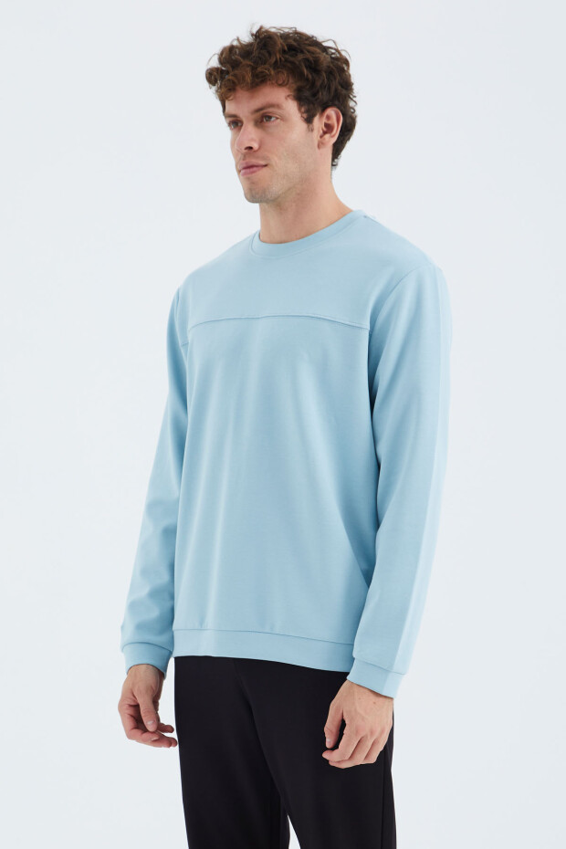 Açık Mavi O Yaka Ön Dikiş Detaylı Basic Rahat Kalıp Erkek Sweatshirt - 88270