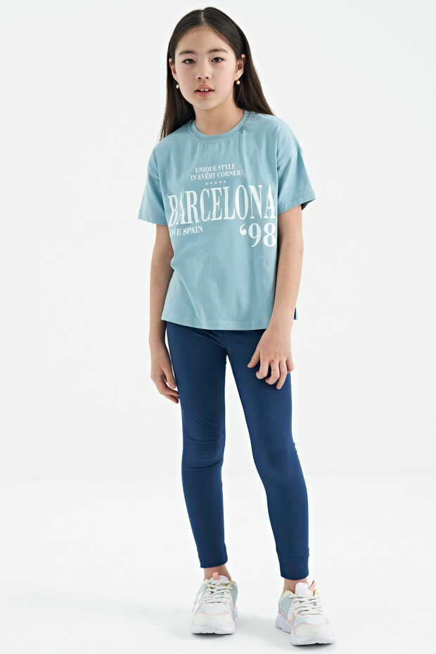 Açık Mavi O Yaka Yazı Baskılı Düşük Omuz Oversize Kız Çocuk T-Shirt - 75115