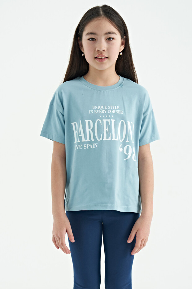 Açık Mavi O Yaka Yazı Baskılı Düşük Omuz Oversize Kız Çocuk T-Shirt - 75115