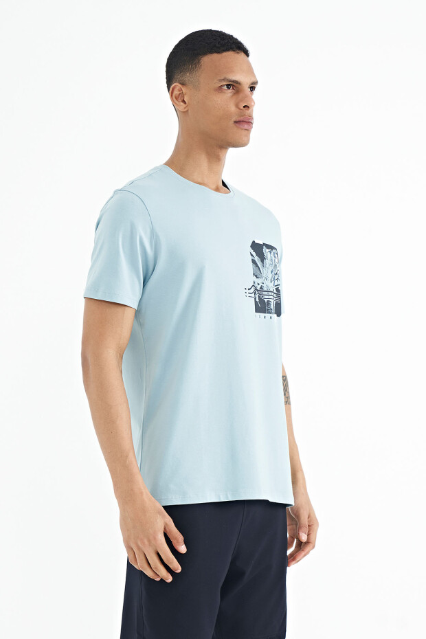 Açık Mavi Ön Arka Baskı Detaylı Standart Form Erkek T-shirt - 88233