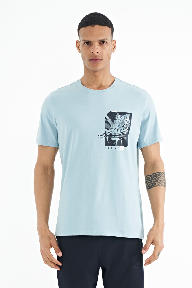 Açık Mavi Ön Arka Baskı Detaylı Standart Form Erkek T-shirt - 88233
