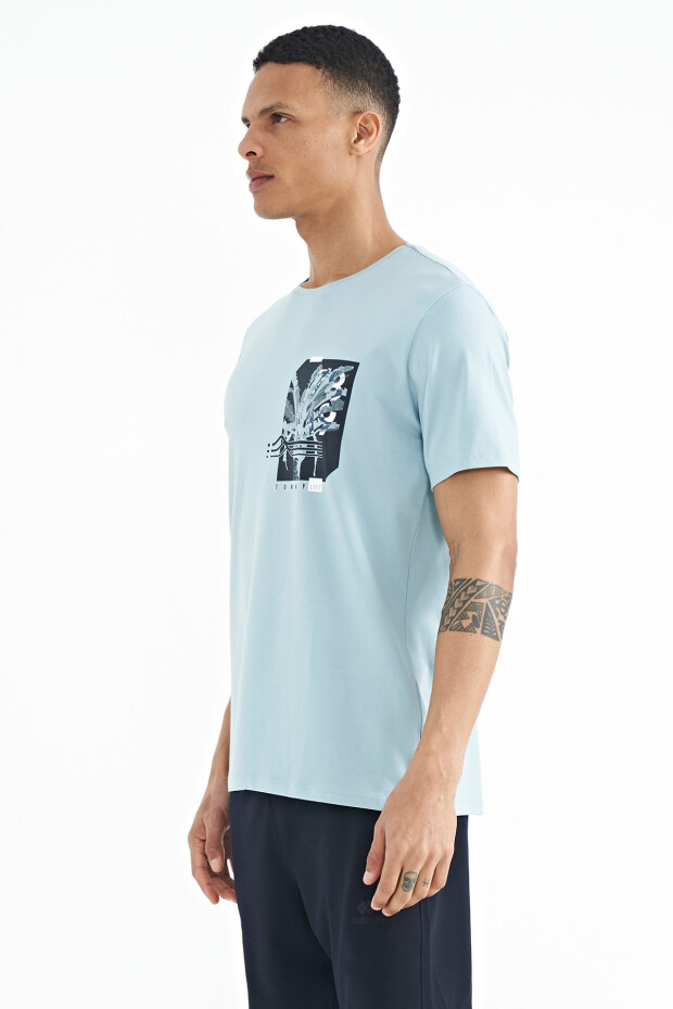 Açık Mavi Ön Arka Baskı Detaylı Standart Form Erkek T-shirt - 88233
