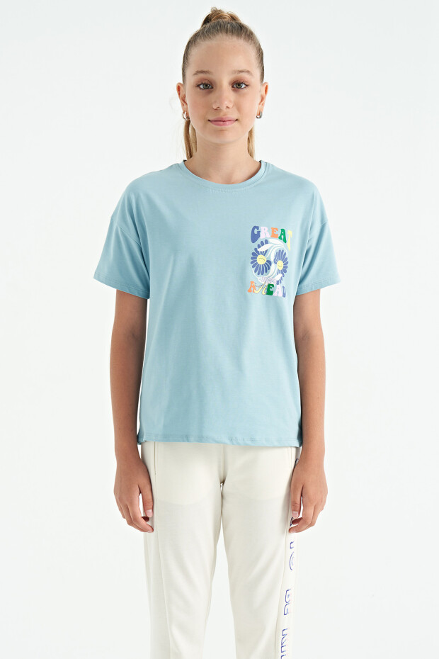 Açık Mavi Ön Arka Çok Renkli Baskılı Oversize Kısa Kollu Kız Çocuk T-Shirt - 75117