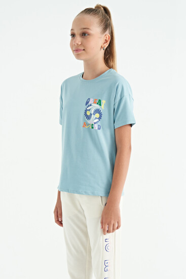 Açık Mavi Ön Arka Çok Renkli Baskılı Oversize Kısa Kollu Kız Çocuk T-Shirt - 75117 - Thumbnail