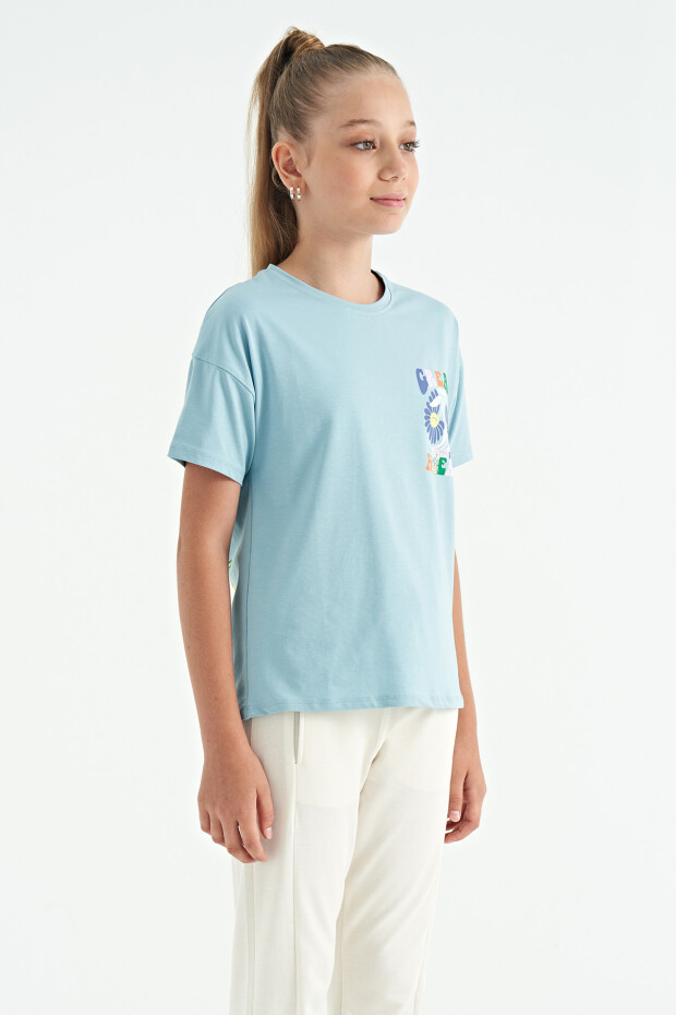 Açık Mavi Ön Arka Çok Renkli Baskılı Oversize Kısa Kollu Kız Çocuk T-Shirt - 75117