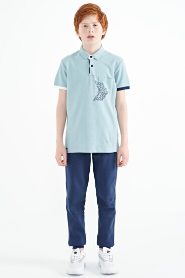Açık Mavi Ön Cep Detaylı Baskılı Standart Kalıp Polo Yaka Erkek Çocuk T-Shirt - 11102 