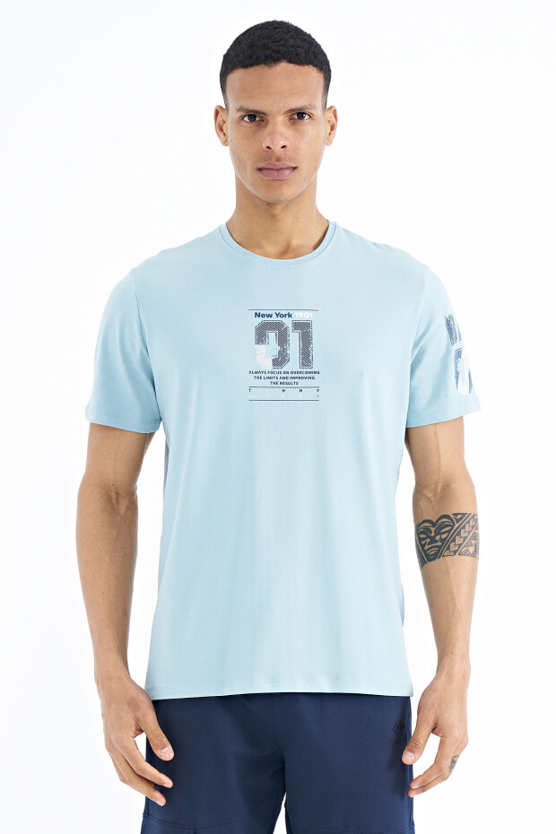 Açık Mavi Ön ve Tek Kol Baskı Detaylı O Yaka Erkek T-shirt - 88176