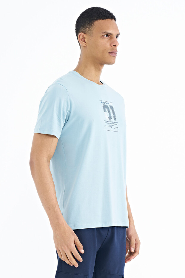 Açık Mavi Ön ve Tek Kol Baskı Detaylı O Yaka Erkek T-shirt - 88176