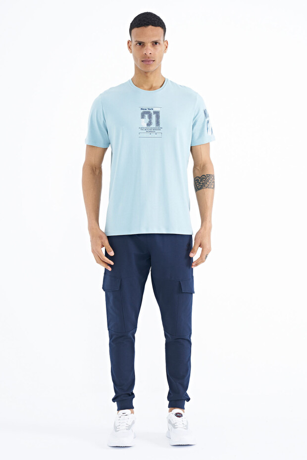Açık Mavi Ön ve Tek Kol Baskı Detaylı O Yaka Erkek T-shirt - 88176