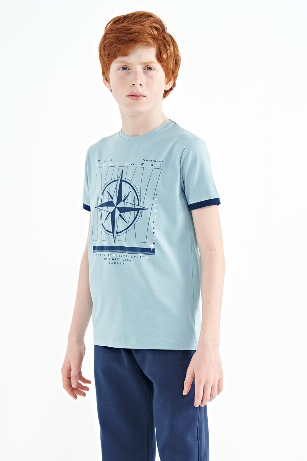 Açık Mavi Pusula Baskılı Standart Kalıp O Yaka Erkek Çocuk T-Shirt - 11106