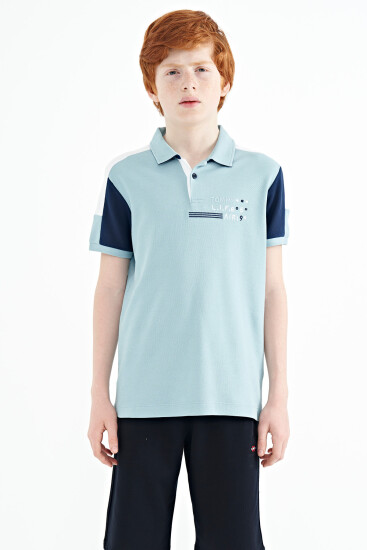 Açık Mavi Renk Bloklu Omuz Garni Detaylı Standart Kalıp Erkek Çocuk T-Shirt - 11155 