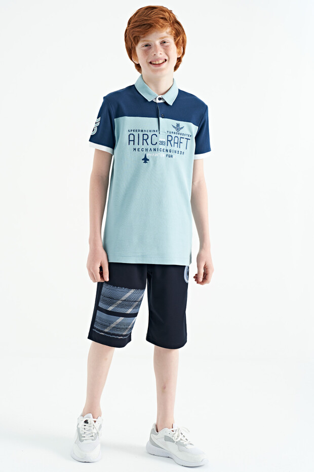 Açık Mavi Renk Bloklu Yazı Nakışlı Standart Kalıp Polo Yaka Erkek Çocuk T-Shirt - 11087