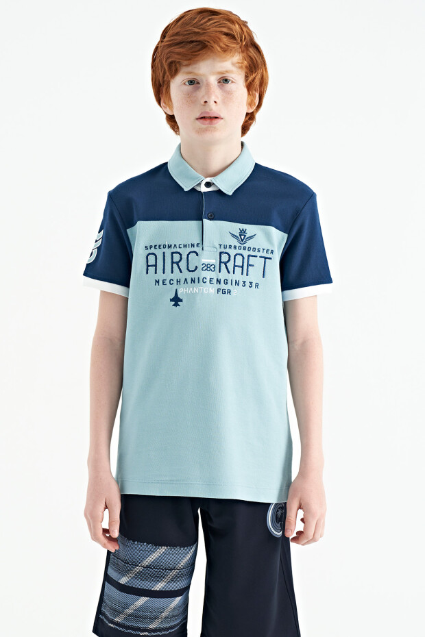 Açık Mavi Renk Bloklu Yazı Nakışlı Standart Kalıp Polo Yaka Erkek Çocuk T-Shirt - 11087