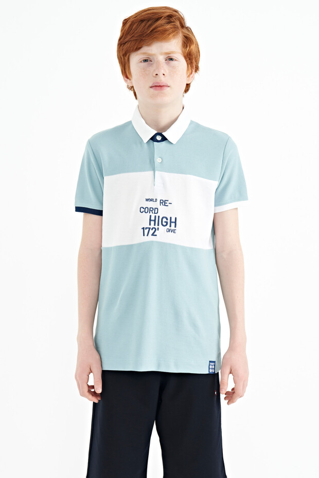 Açık Mavi Renk Geçişli Nakış Detaylı Standart Kalıp Polo Yaka Erkek Çocuk T-Shirt - 11110