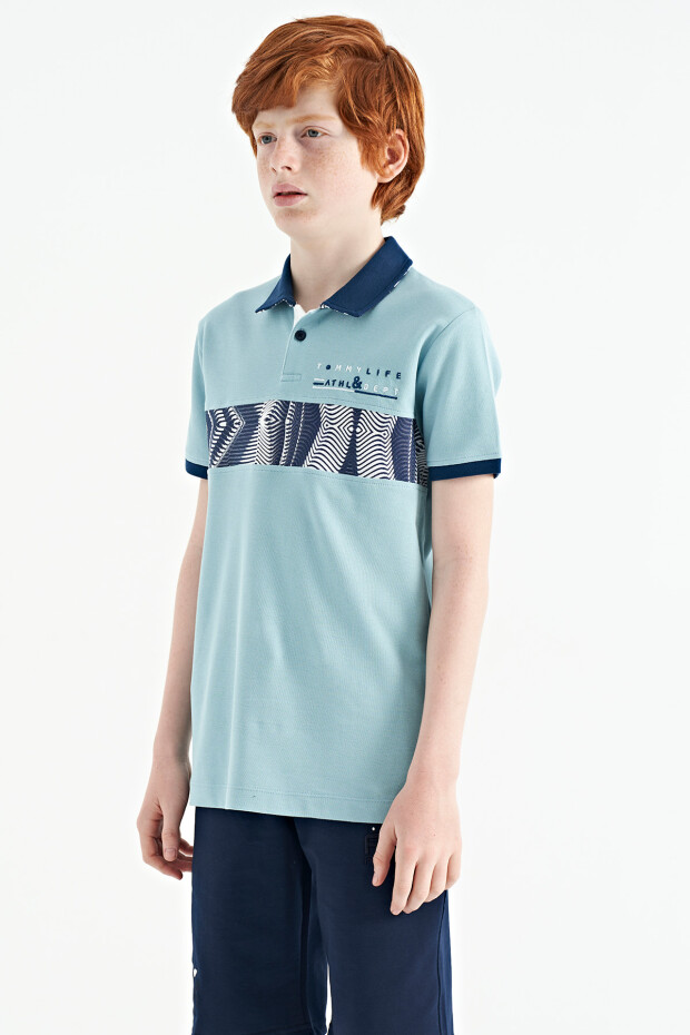 Açık Mavi Şerit Baskı Detaylı Pola Yaka Standart Kalıp Erkek Çocuk T-Shirt - 11162