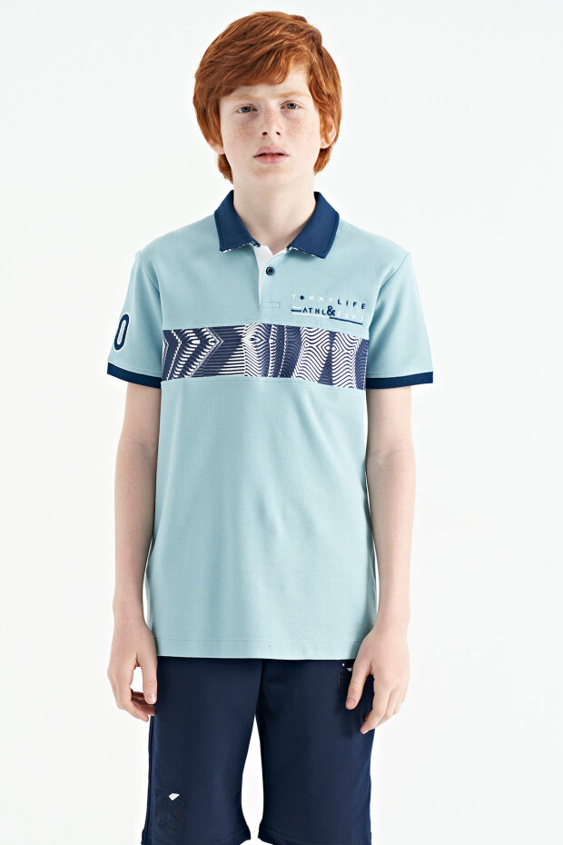 Açık Mavi Şerit Baskı Detaylı Pola Yaka Standart Kalıp Erkek Çocuk T-Shirt - 11162