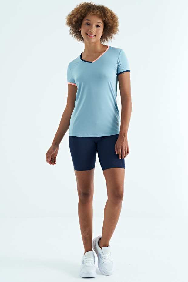 Açık Mavi V Yaka Standart Kalıp Kısa Kol Kadın Spor T-Shirt - 97268