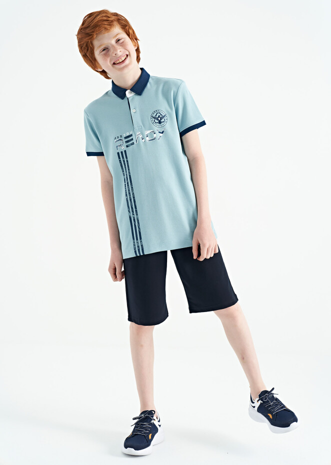 Açık Mavi Yazı Baskı Desenli Standart Kalıp Polo Yaka Erkek Çocuk T-Shirt - 11143