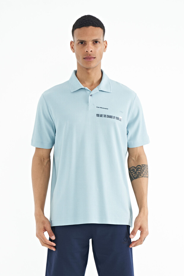 Açık Mavi Yazı Baskılı Standart Form Polo Yaka Erkek T-shirt - 88236