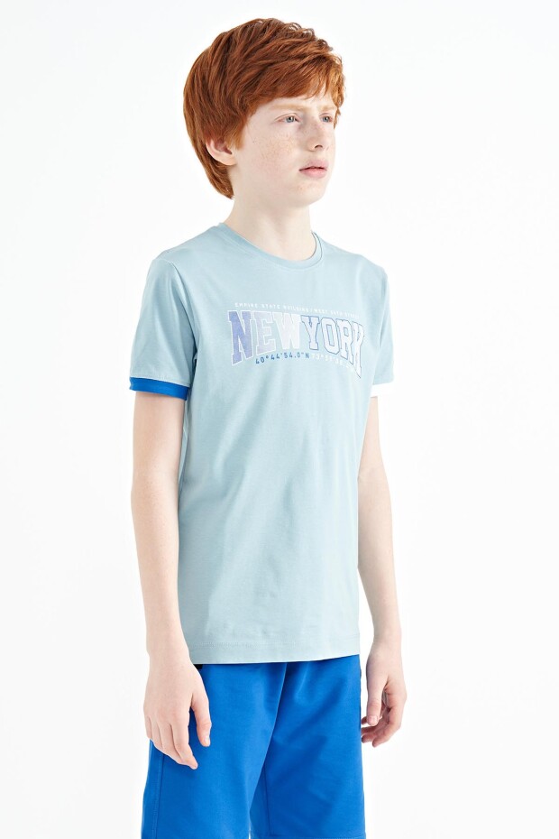 Açık Mavi Yazı Baskılı Standart Kalıp O Yaka Erkek Çocuk T-Shirt - 11105