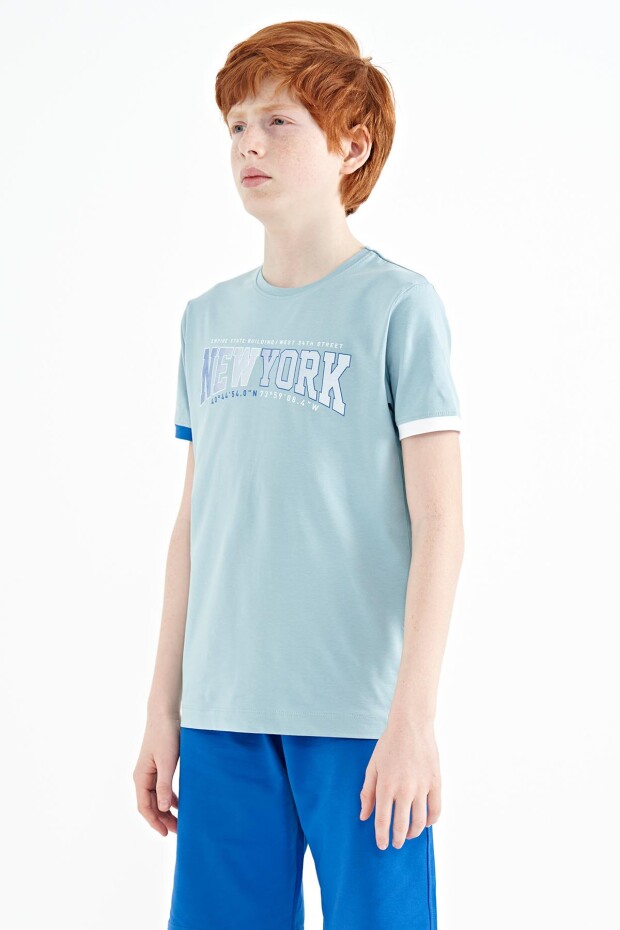 Açık Mavi Yazı Baskılı Standart Kalıp O Yaka Erkek Çocuk T-Shirt - 11105