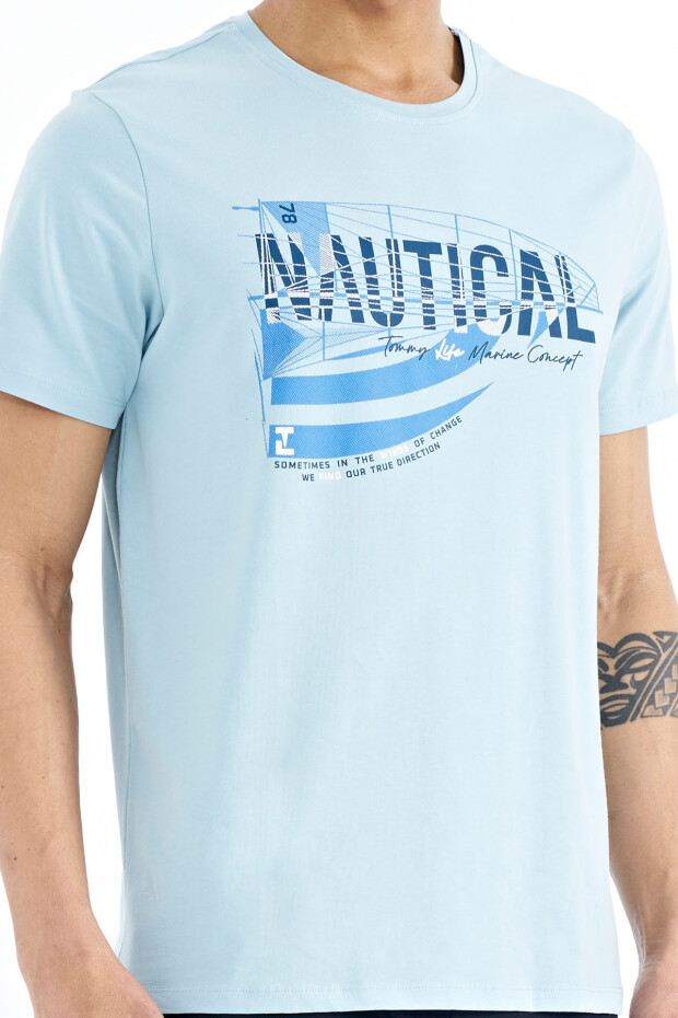 Açık Mavi Yazı Baskılı Standart Kalıp O Yaka Erkek T-Shirt - 88171