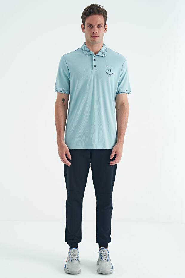 Açık Mavi Yazı Nakışlı Baskı Detaylı Standart Kalıp Polo Yaka Erkek T-Shirt - 88239