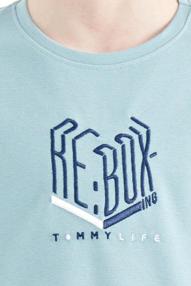 Açık Mavi Yazı Nakışlı O Yaka Oversize Erkek Çocuk T-Shirt - 11151