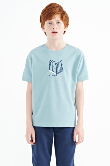 Açık Mavi Yazı Nakışlı O Yaka Oversize Erkek Çocuk T-Shirt - 11151 