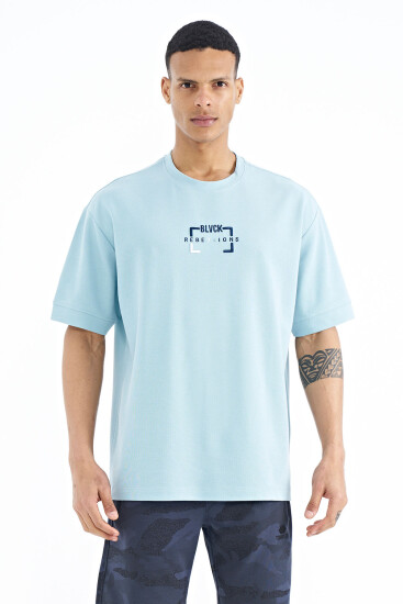 Açık Mavi Yazı Nakışlı O Yaka Oversize Erkek T-Shirt - 88192 