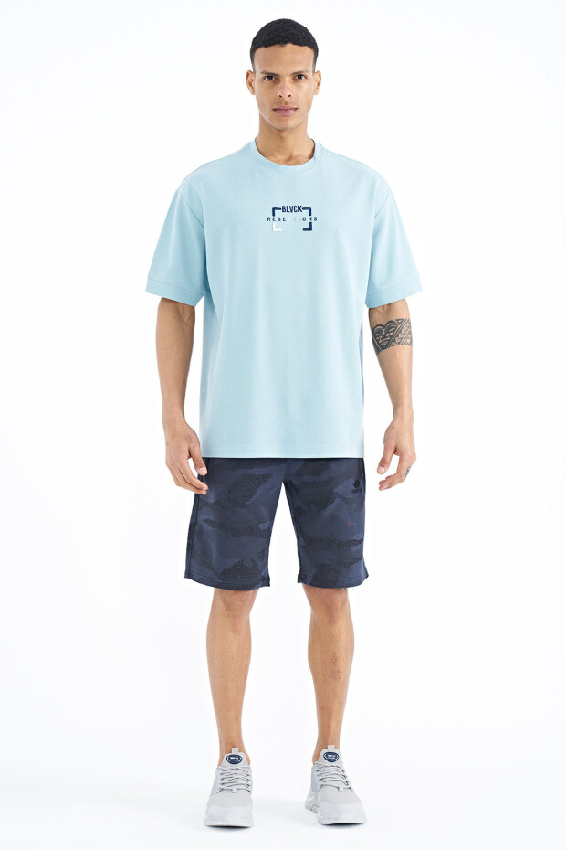 Açık Mavi Yazı Nakışlı O Yaka Oversize Erkek T-Shirt - 88192 - 2