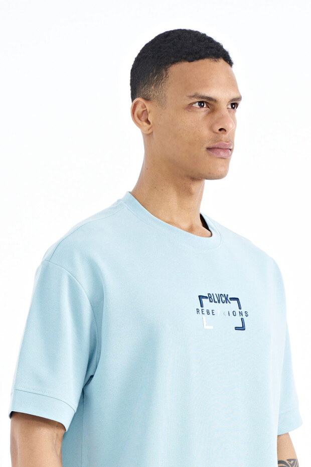 Açık Mavi Yazı Nakışlı O Yaka Oversize Erkek T-Shirt - 88192 - 4