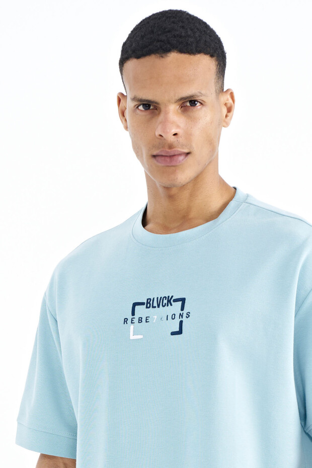 Açık Mavi Yazı Nakışlı O Yaka Oversize Erkek T-Shirt - 88192 - 3