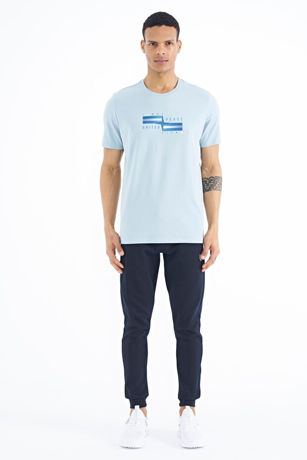 Açık Mavi Yazılı Şekil Basklı Standart Kalıp Erkek T-shirt - 88215