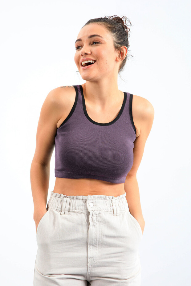 Açık Mor Basic Sıfır Kol Dar Kalıp U Yaka Kadın Crop Top Atlet - 97162