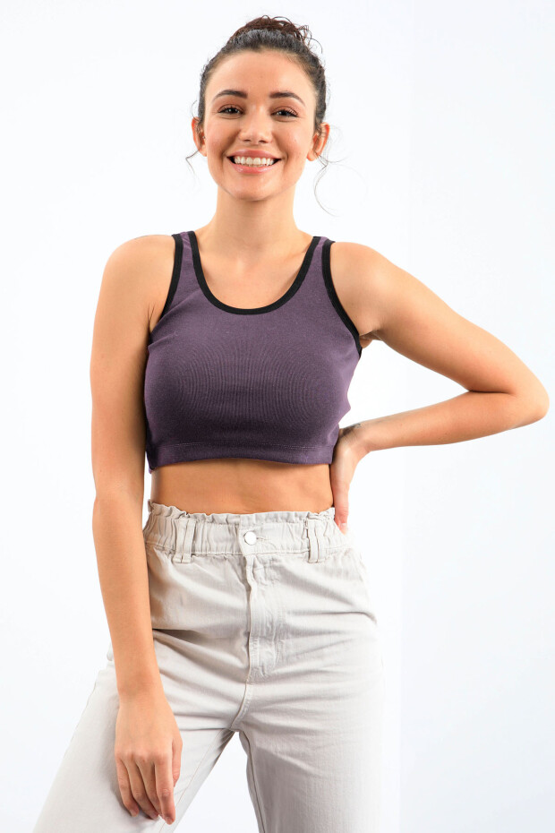 Açık Mor Basic Sıfır Kol Dar Kalıp U Yaka Kadın Crop Top Atlet - 97162