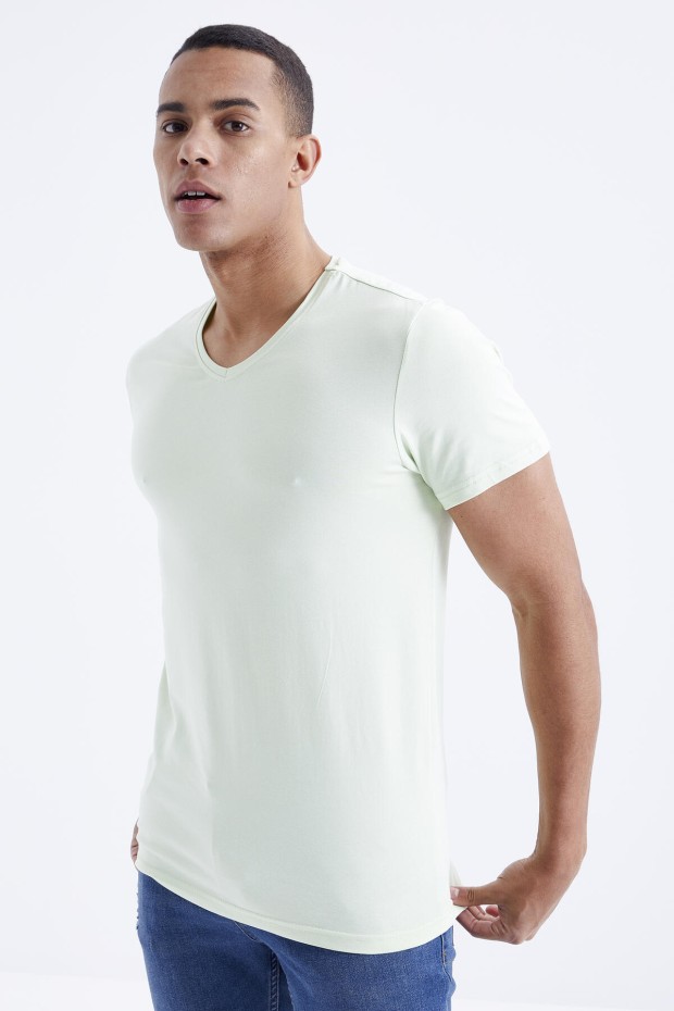Açık Yeşil Basic Kısa Kol Standart Kalıp V Yaka Erkek T-Shirt - 87912