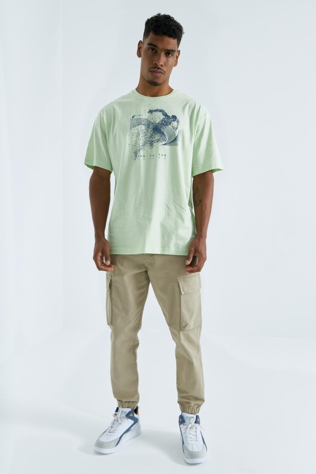 Açık Yeşil Baskı Detaylı O Yaka Erkek Oversize T-Shirt - 88093