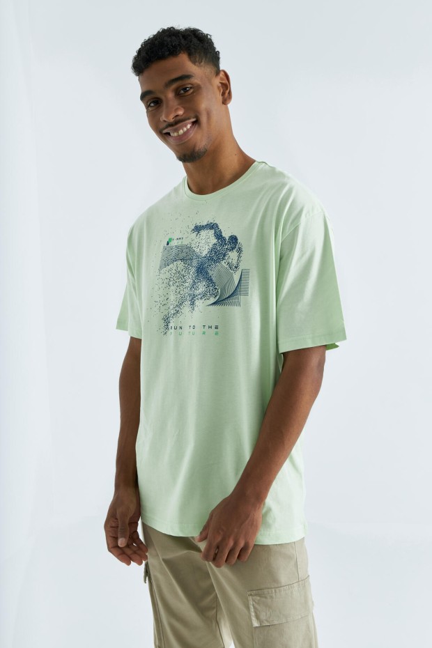 Açık Yeşil Baskı Detaylı O Yaka Erkek Oversize T-Shirt - 88093