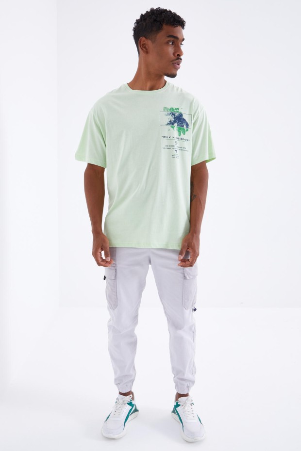 Açık Yeşil Baskı Detaylı O Yaka Erkek Oversize T-Shirt - 88099