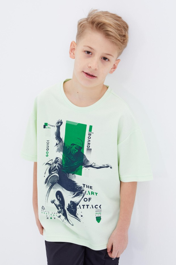 Açık Yeşil Baskılı Kısa Kollu O Yaka Erkek Çocuk T-Shirt - 10912