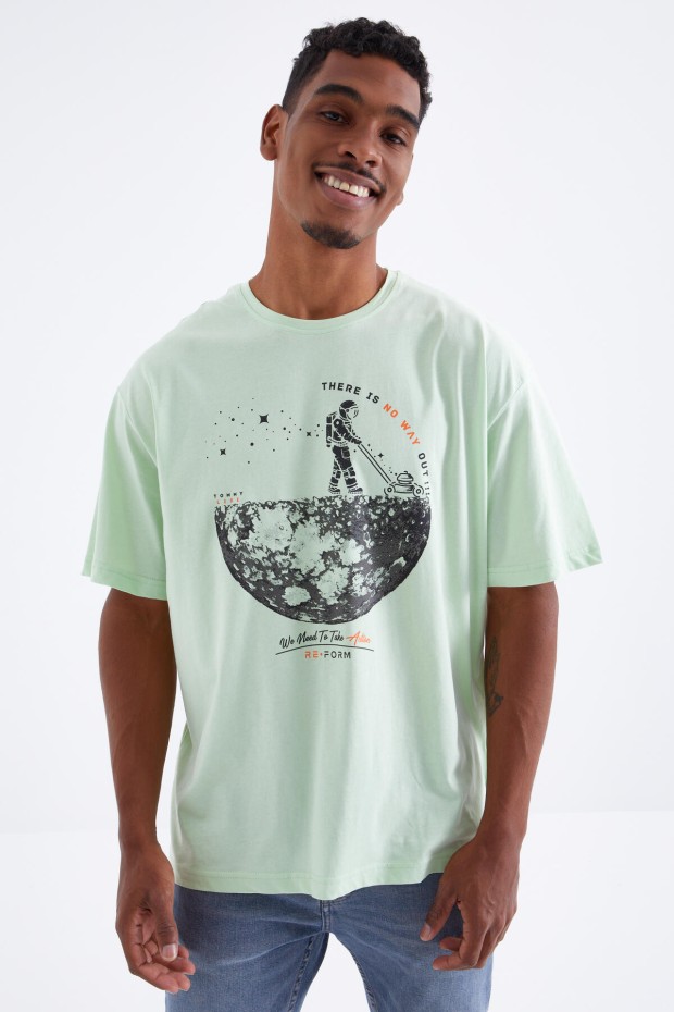 Açık Yeşil Baskılı O Yaka Erkek Oversize T-Shirt - 88098