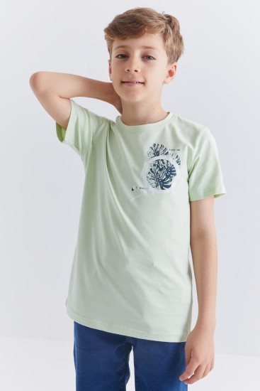 Açık Yeşil Baskılı O Yaka Kısa Kollu Standart Kalıp Erkek Çocuk T-Shirt - 10867 