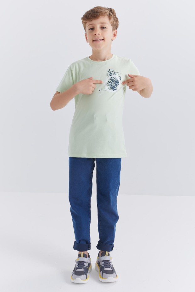 Açık Yeşil Baskılı O Yaka Kısa Kollu Standart Kalıp Erkek Çocuk T-Shirt - 10867